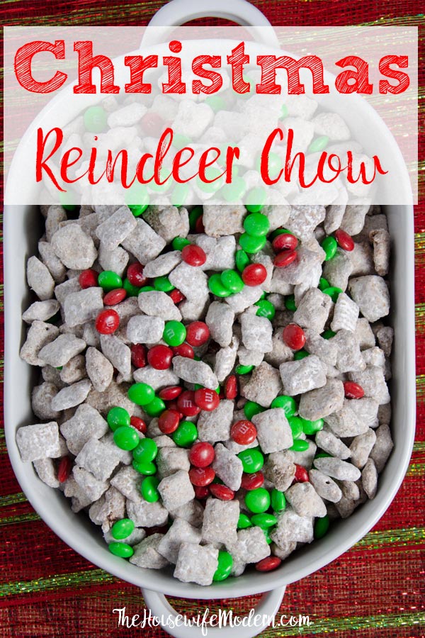 Pin image. Overhead view of reindeer chow with text overlay.