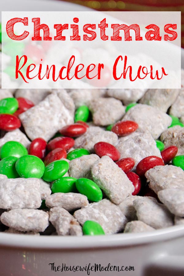 Pin image. Front close-up view of reindeer chow with text overlay.