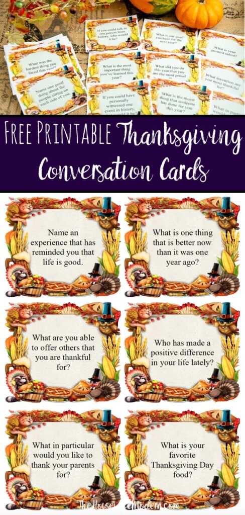 Pin image for free printable Thanksgiving conversation starter cards. Image of cards with pumpkin and fall crystals. Screenshot of a page of cards. Text overlay.