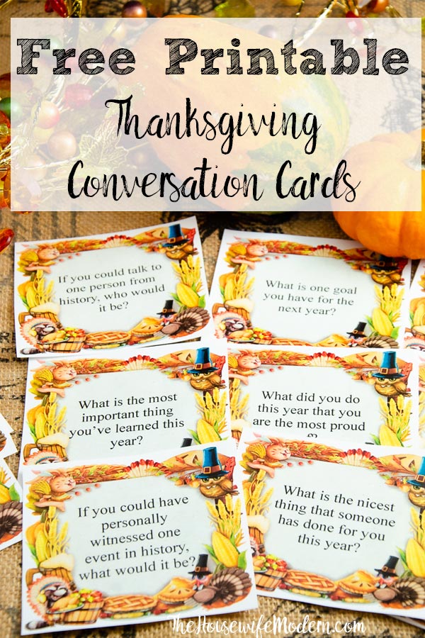 Pin image for free printable Thanksgiving conversation starter cards. Image of cards with pumpkin and fall crystals with text overlay.
