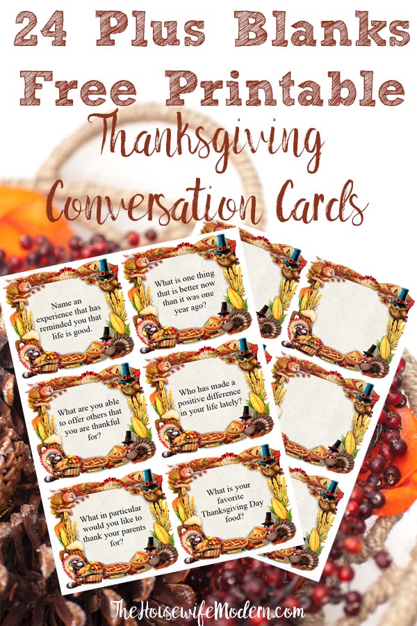 Pin image for free printable Thanksgiving conversation starter cards. Pinecones with screenshot of cards. Text title.