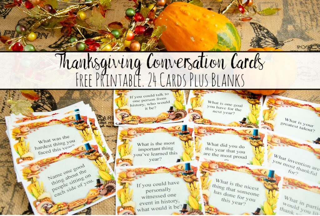 Featured image for free printable Thanksgiving conversation starter cards. Image of cards with pumpkin and fall crystals with text overlay.