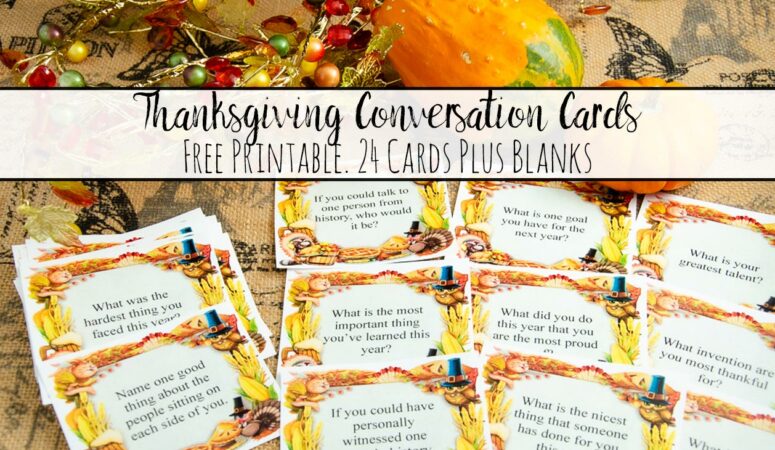 Featured image for free printable Thanksgiving conversation starter cards. Image of cards with pumpkin and fall crystals with text overlay.