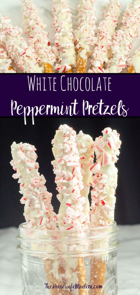 Pin image for white chocolate peppermint pretzels. Pretzels spread out and in jar with text overlay.