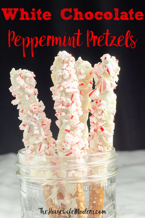 Pin image for white chocolate peppermint pretzels. Pretzels in a jar with text.