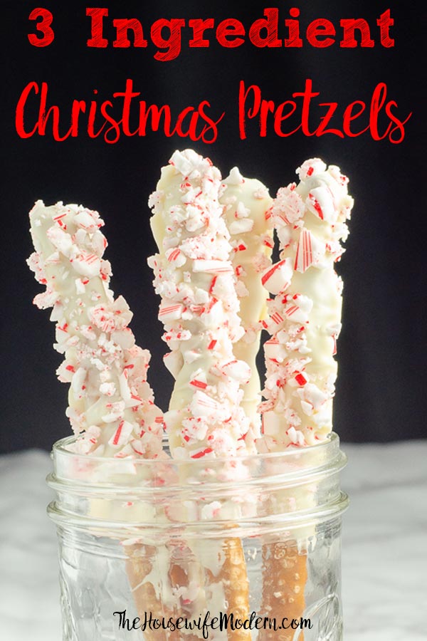 Pin image for 3-Ingredient Christmas pretzels. Pretzels in a jar with text.