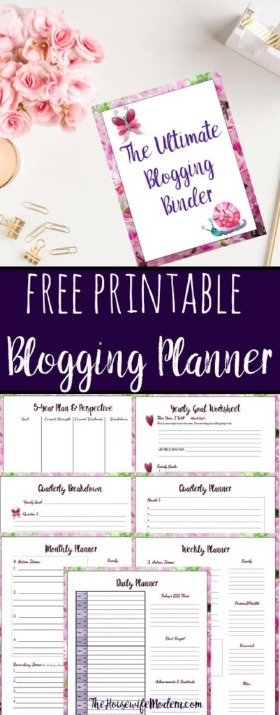 Pin image for free printable blogging planner.