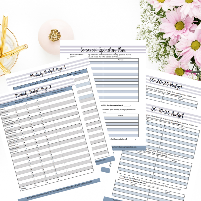 Budget worksheets in personal money management. Spread out with flowers and gold pens.