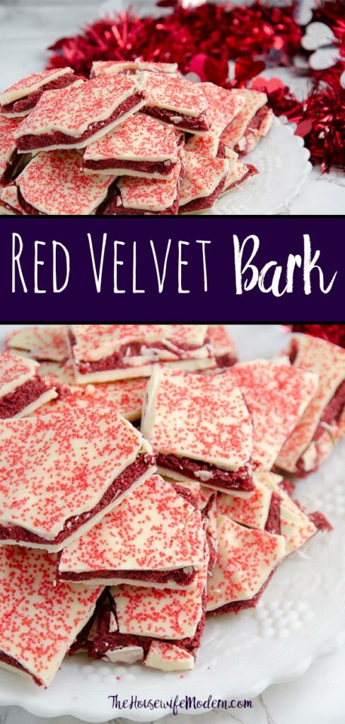Pin image for red velvet bark. Two images of red velvet bark with text overlay.