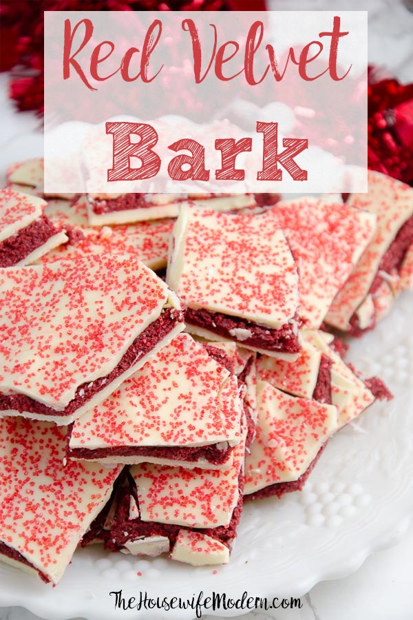 Pin image for red velvet bark. Close-up of bark piled on white plate with red tinsel in background with text overlay.