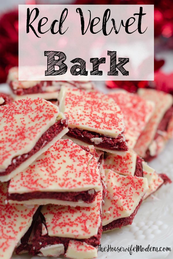 Pin image for red velvet bark. Close-up of bark piled on white plate with red tinsel in background with text overlay.