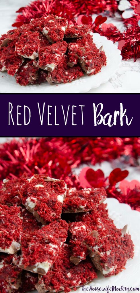 Pin image for red velvet bark. Two images of red velvet bark with text overlay.