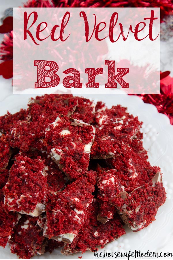 Pin image for red velvet bark. Close-up of bark piled on white plate with red tinsel in background with text overlay.