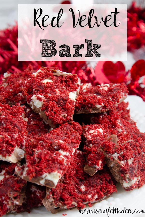 Pin image for red velvet bark. Close-up of bark piled on white plate with red tinsel in background with text overlay.