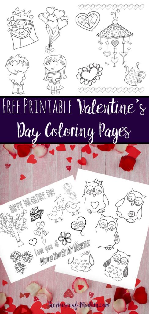 Pin image for free printable valentines day coloring pages. Pink wood, rose petals, image of coloring sheets, and text overlay.