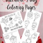 Pin image for free printable valentines day coloring pages. Pink wood, rose petals, image of coloring sheets, and text overlay.