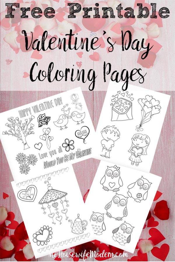 Pin image for free printable valentines day coloring pages. Pink wood, rose petals, image of coloring sheets, and text overlay.