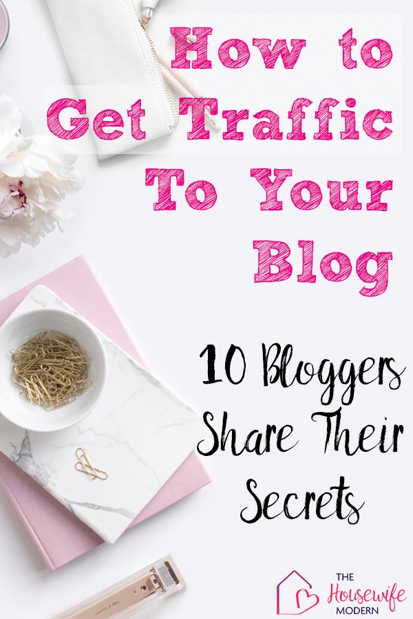 Pin image for how to get blog traffic. Pastel desktop with text overlay.