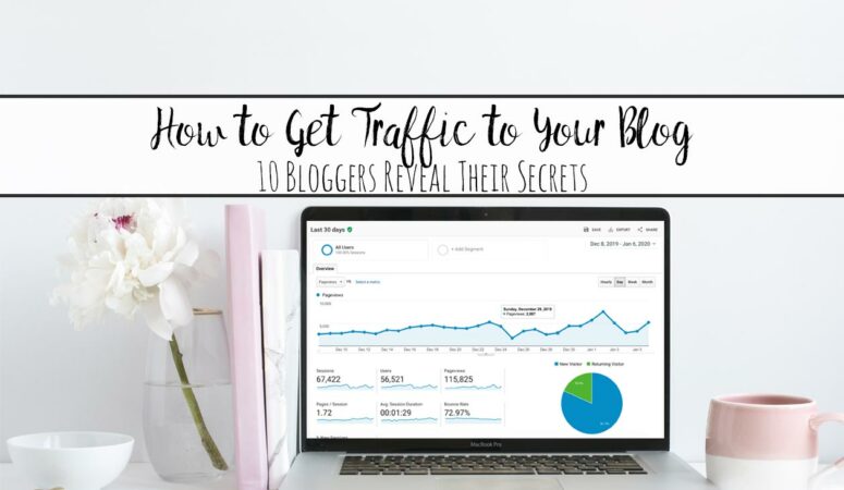 Featured image for how to get blog traffic. Computer screen with Google Analytics and text overlay.