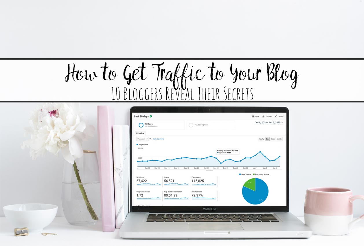 Featured image for how to get blog traffic. Computer screen with Google Analytics and text overlay.