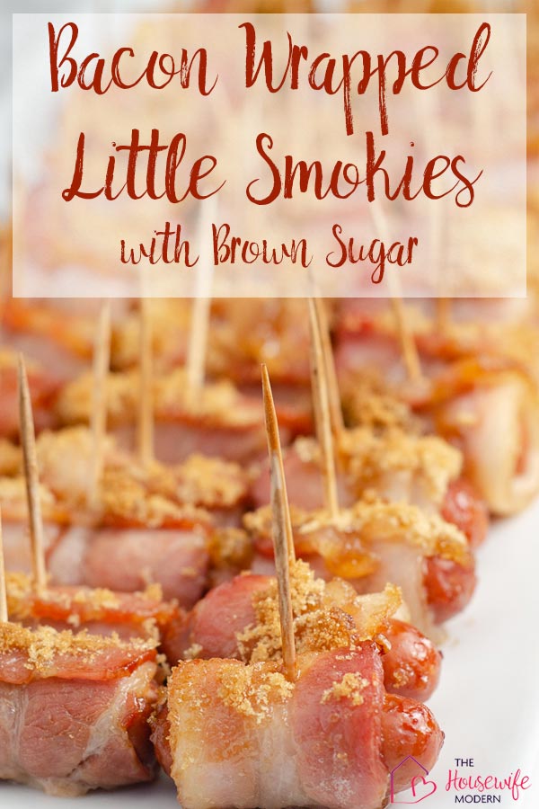 Close-up of bacon wrapped smokies on white plate, background blurred. Text overlay.