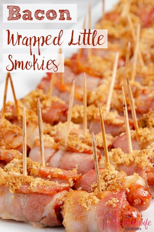 Close-up of bacon wrapped smokies on white plate, background blurred. Text overlay.