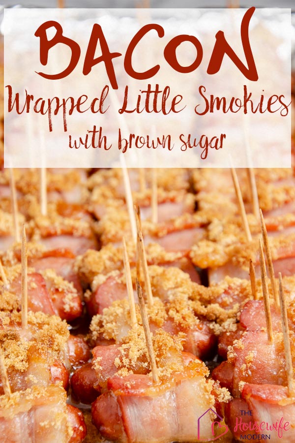 Bacon wrapped smokies on baking pan, 3 rows. Text overlay.