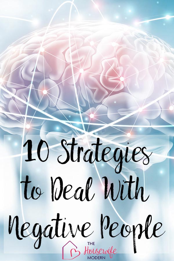 Pin image for dealing with negative people. Glowing brain on blue background with text overlay.