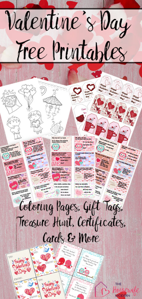 pin image for free valentine's day printables. preview of printables and text overlay.