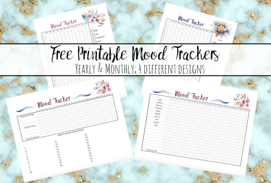 Featured image for free printable mood trackers. Marble background, preview of all four mood trackers, and text overlay.
