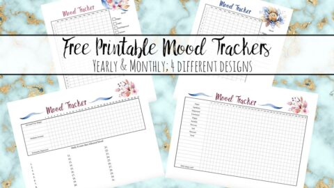 Featured image for free printable mood trackers. Marble background, preview of all four mood trackers, and text overlay.
