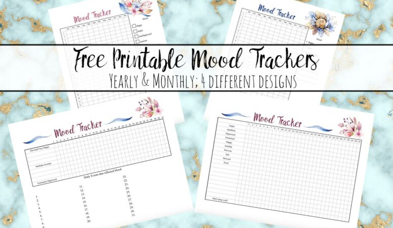 Featured image for free printable mood trackers. Marble background, preview of all four mood trackers, and text overlay.