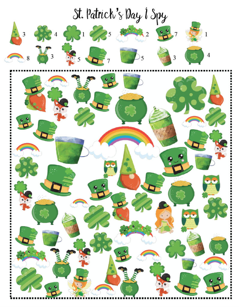 Free printable St. Patrick's Day I Spy game. Number of items already counted, just find them.