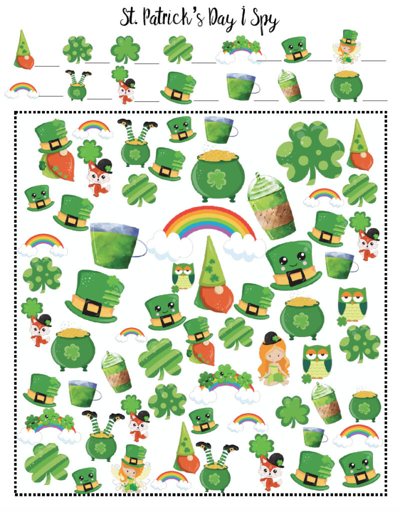 Free printable St. Patrick's Day I Spy game. Find how many of each item are on the board.