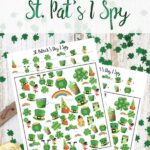 Pin image for free printable St. Patrick's Day I Spy. St. Pat's background (clover, gold, green hat) with images of games and text overlay.