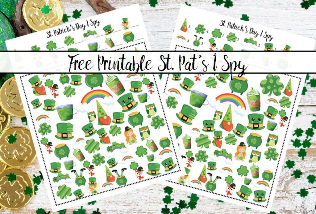 Featured image for free printable St. Patrick's Day I Spy. St. Pat's background (clover, gold, green hat) with images of games and text overlay.