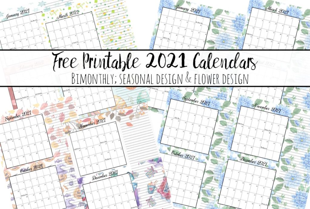 Free Printable 2021 Bimonthly Calendars with Holidays: 2 Designs