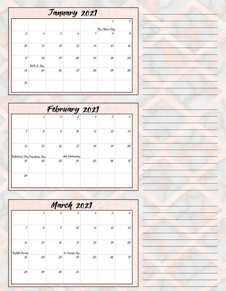 free printable 2021 quarterly calendars with holidays 3 designs