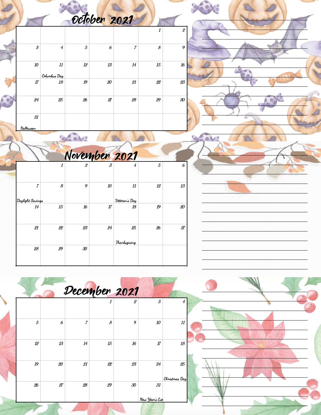 Free Printable 2021 Quarterly Calendars with Holidays: 3 Designs