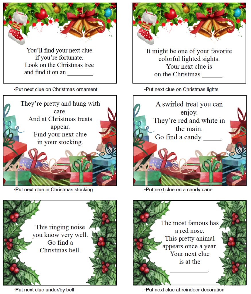 free printable christmas treasure hunt 30 clues plus blanks