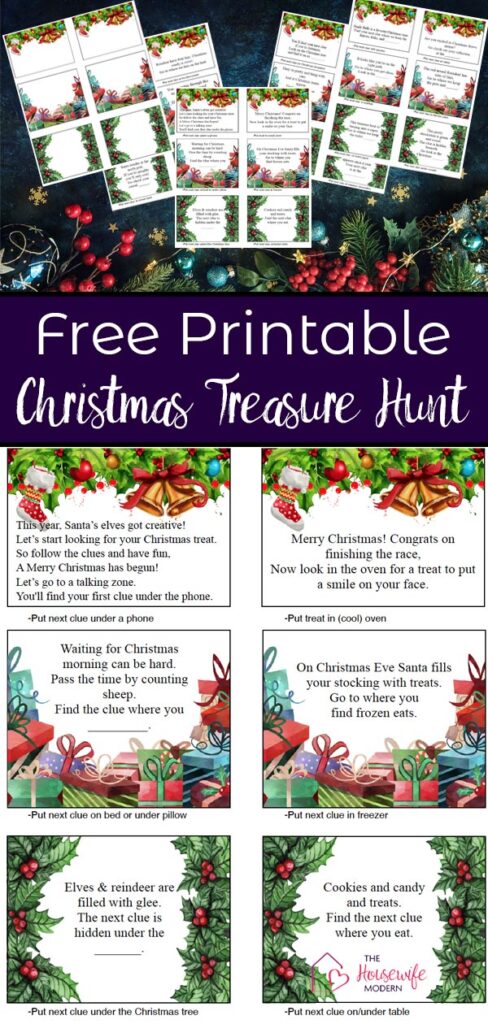 Free printable Christmas treasure hunt for kids. 30 mix-and-match clues. Plus blanks so you can make up your own clues!