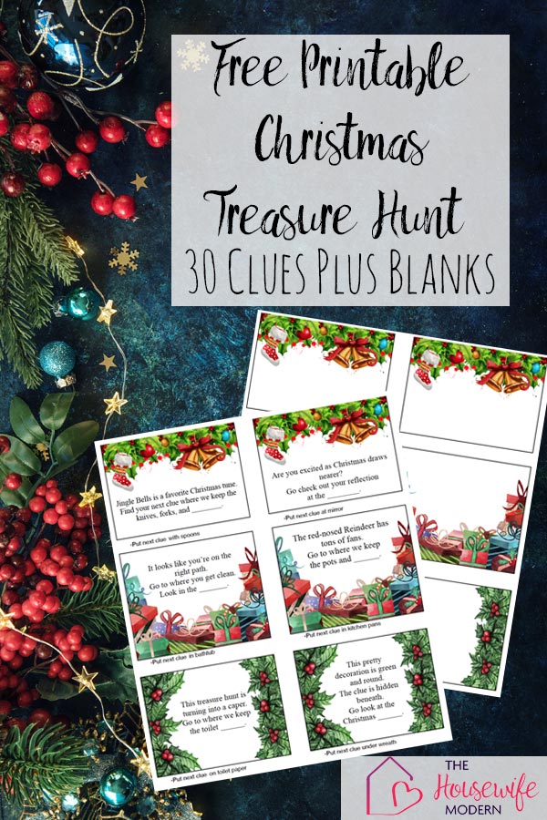 Free printable Christmas treasure hunt for kids. 30 mix-and-match clues. Plus blanks so you can make up your own clues!