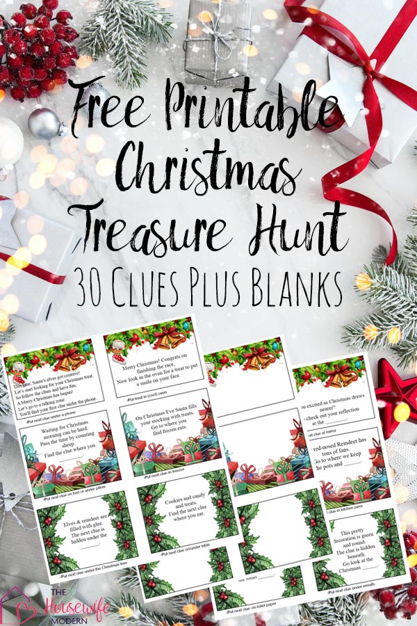Free printable Christmas treasure hunt for kids. 30 mix-and-match clues. Plus blanks so you can make up your own clues!