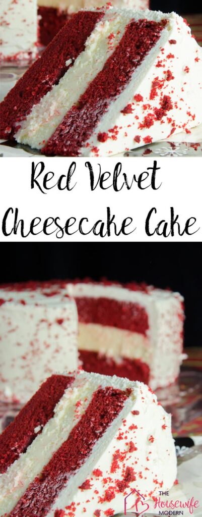 Red velvet cheesecake cake. This delectable dessert has white chocolate cheesecake, red velvet, and white chocolate cream cheese frosting.