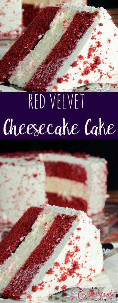 Red velvet cheesecake cake. This delectable dessert has white chocolate cheesecake, red velvet, and white chocolate cream cheese frosting.