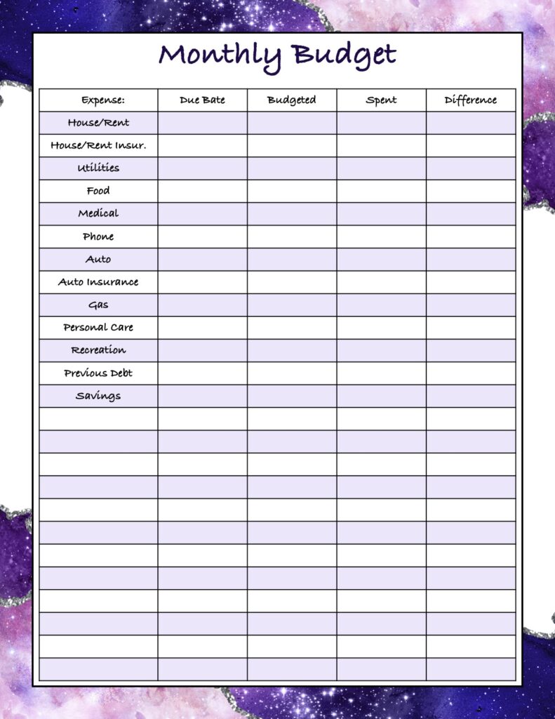Free printable monthly budget with dark purple background