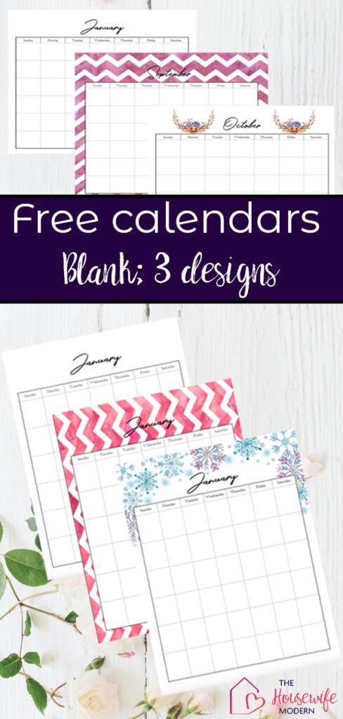 Pin image for Free Printable Calendars. 3 versions: black and white, rainbow colors, and holiday themed. January through December.
