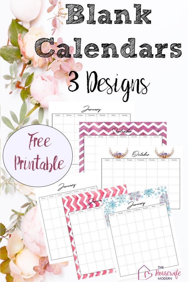 Pin image for Free Printable Calendars. 3 versions: black and white, rainbow colors, and holiday themed. January through December.