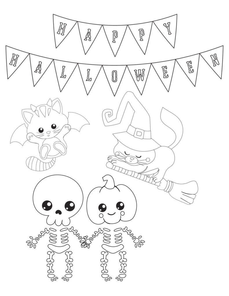 Happy Halloween free printable coloring page. Skeleton and cats coloring page.