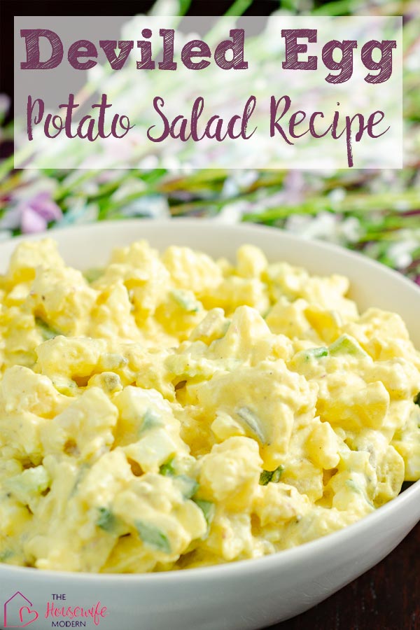 Deviled egg potato salad. Amazingly easy, simple, and most delicious potato salad you'll ever eat. Bet you won't guess the secret ingredient!